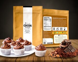 High fat cocoa powder from bolmay cocoa package with chocolate muffins and chocolates. high-fat cocoa powder, premium cocoa powder, rich flavor cocoa powder