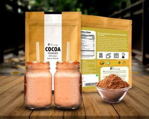 Raw and Natural cocoa powder from bolmay cocoa package with two bottles of cocoa drinks and a cup of cocoa powder from Bolmay cocoa front package with cocoa beans. unsweetened cacao powder,,natural cacao powder, raw cacao goodness,