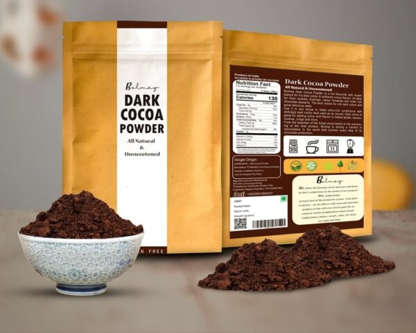 Bolmay cocoa Dark cocoa cocoa powder Dutch processed from Bolmay cocoa front package with and white cup of cocoa powder