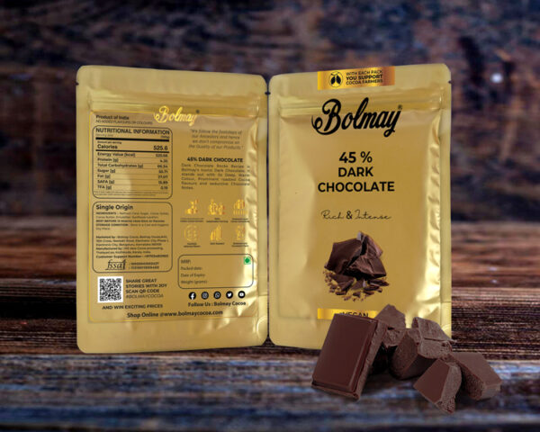 45 Dark Chocolate Front label packaging, high cocoa dark chocolate, premium dark chocolate, rich cocoa content